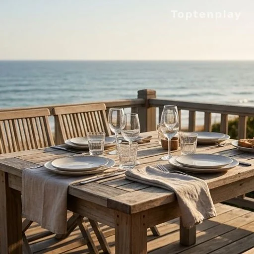 Repas convivial en terrasse face à l'océan en été