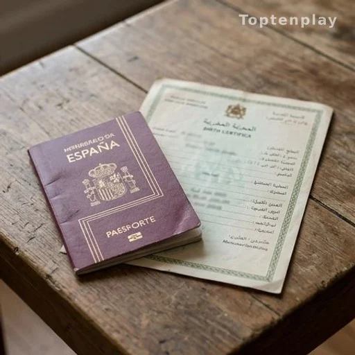 Passeport espagnol et document d'état civil posés sur une table en bois
