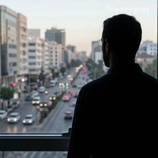 Silhouette d'un homme de dos regardant une rue animée depuis une fenêtre