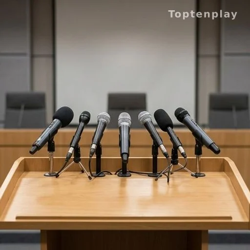 Rangée de microphones sur un pupitre lors d'une conférence de presse