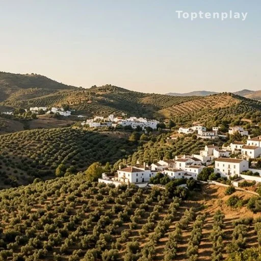 Paysage andalou ensoleillé avec maisons blanches et oliviers sur une colline