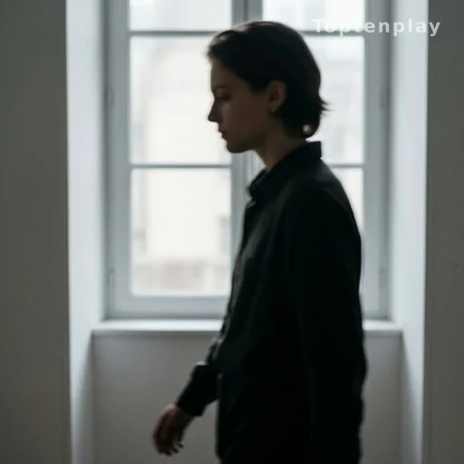 Silhouette androgyne en contre-jour près d'une fenêtre, atmosphère introspective