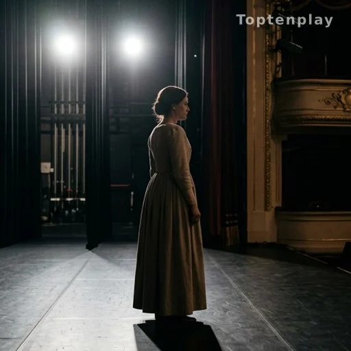 Actrice en silhouette sur une scène de théâtre face aux projecteurs