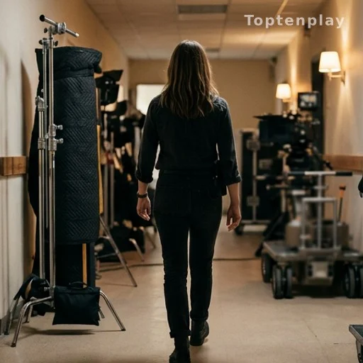 Femme de dos marchant avec assurance sur un plateau de tournage