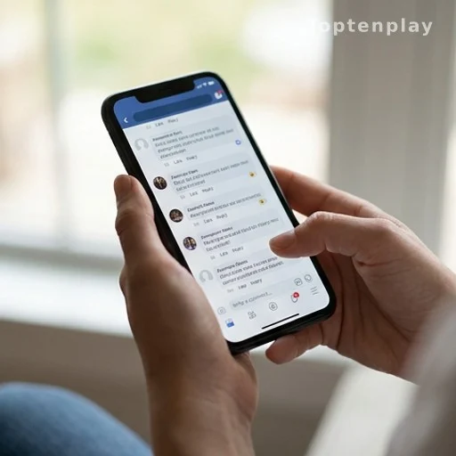 Mains tenant un smartphone affichant des commentaires sur les réseaux sociaux