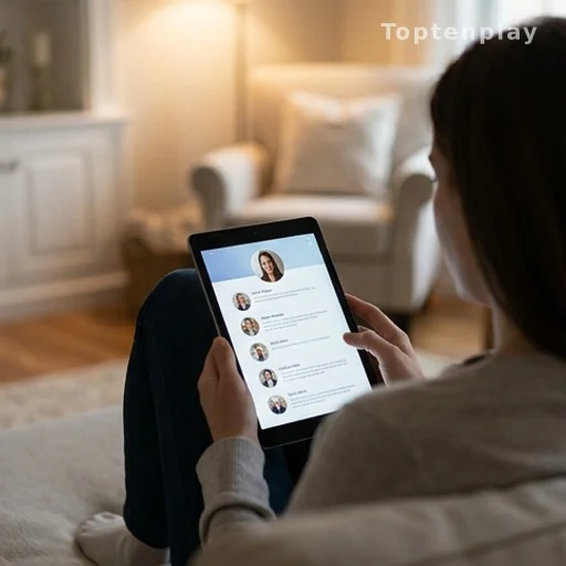 Personne de dos consultant son profil sur une tablette dans un salon