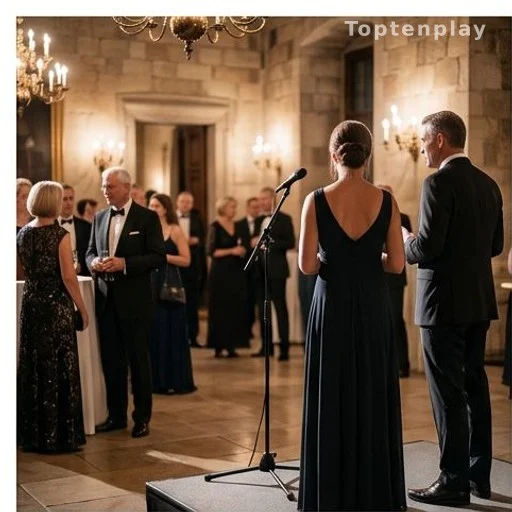 Soirée de gala caritative dans un palais historique, invités en tenue formelle