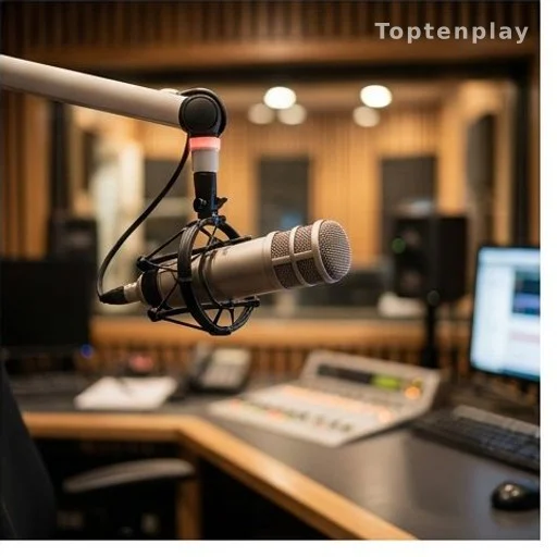 Microphone de studio radio lors d'une interview, lumière chaude de studio