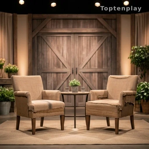 Plateau de tournage avec décor champêtre évoquant un speed-dating agricole