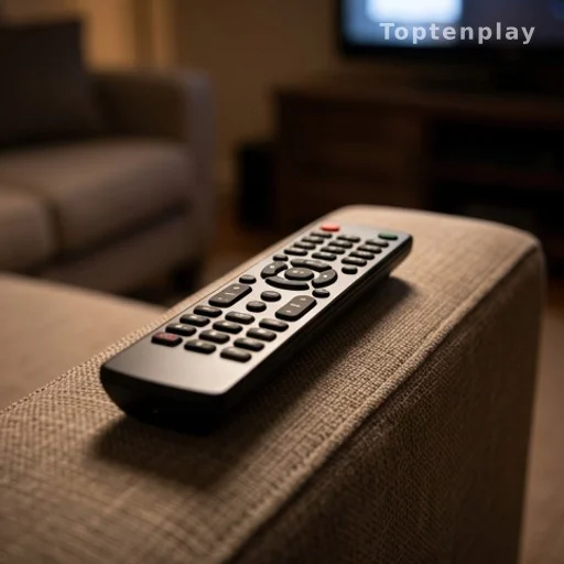 Télécommande posée sur un canapé devant un écran allumé en soirée