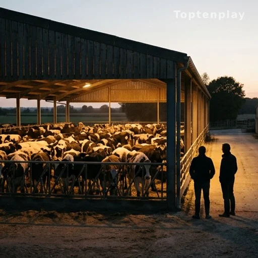 Ferme laitière avec troupeau de vaches, deux silhouettes à l'entrée de l'étable