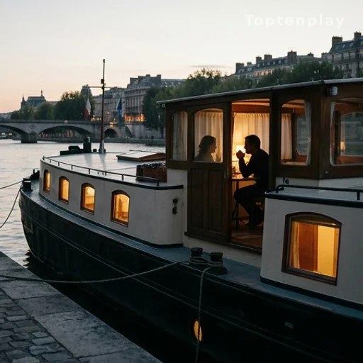 Péniche parisienne amarrée sur la Seine, lumière chaleureuse, deux silhouettes face à face