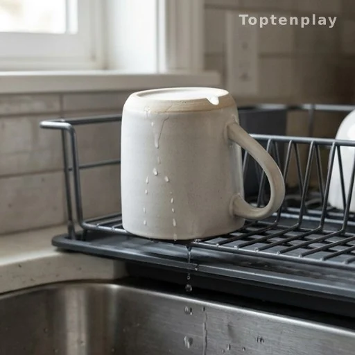Tasse en céramique retournée sur un égouttoir, eau s'écoulant sous la base