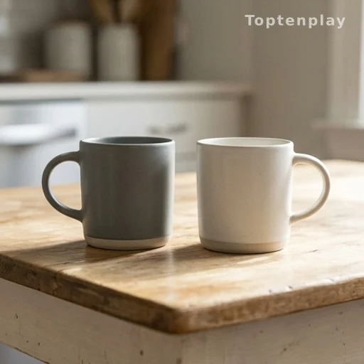 Deux tasses en grès gris et blanc sur une table en bois, style épuré