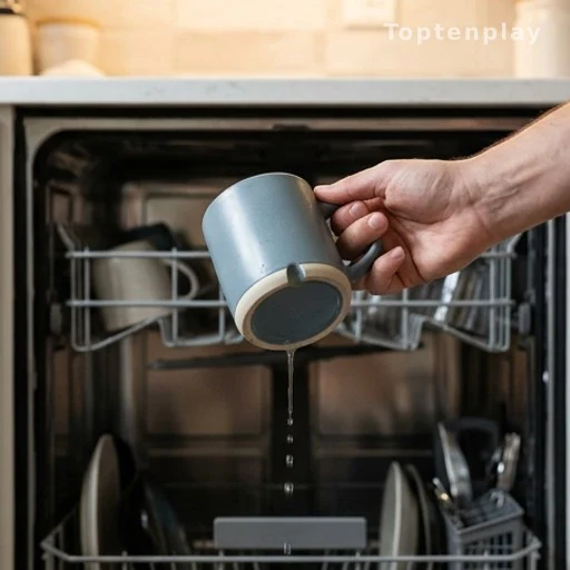 Mains sortant une tasse en céramique d'un lave-vaisselle ouvert