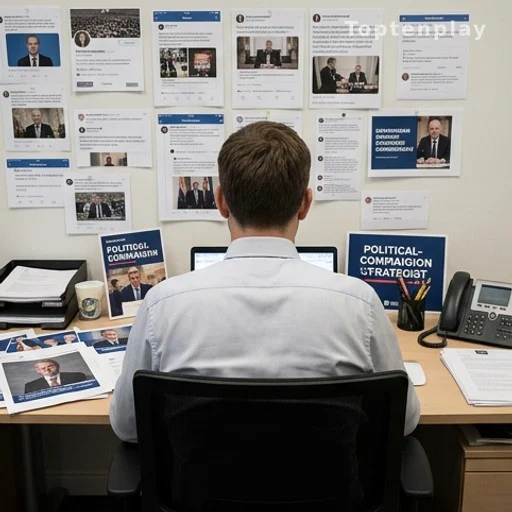 Conseiller politique de dos devant des documents de communication et réseaux sociaux
