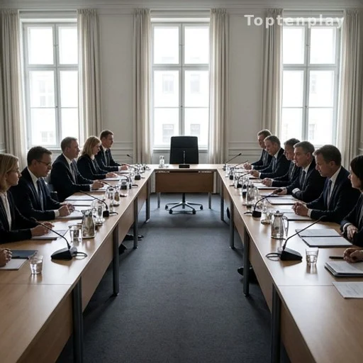 Salle de réunion ministérielle avec fonctionnaires autour d'une table, ambiance formelle