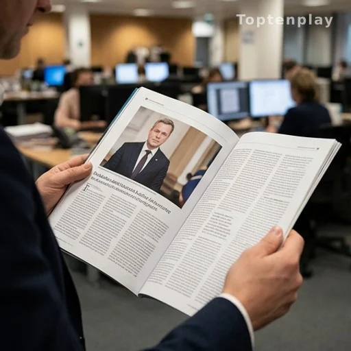 Mains tenant un magazine ouvert sur un portrait politique dans une rédaction
