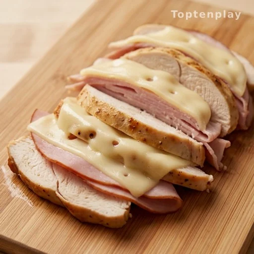 Poulet tranché, jambon et fromage suisse fondant sur une planche en bois