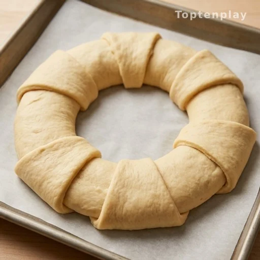 Triangles de pâte à croissant disposés en anneau sur une plaque de cuisson