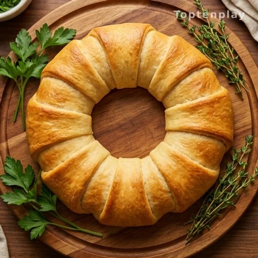 Couronne de pâte à croissant dorée entière sur une planche de service