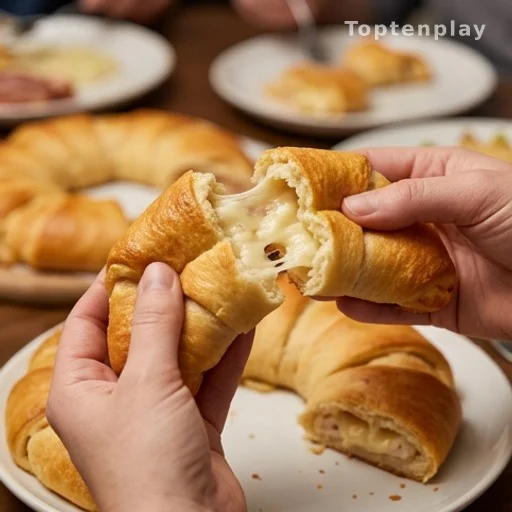 Mains détachant une portion de couronne feuilletée garnie de fromage fondu