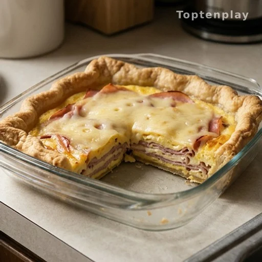 Tourte jambon-suisse en cours de cuisson avec croûte dorée formée naturellement