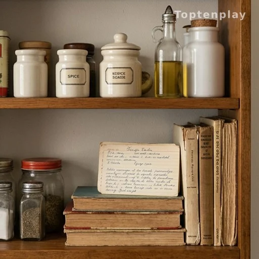 Étagère de cuisine rétro avec ingrédients de base et fiche recette ancienne