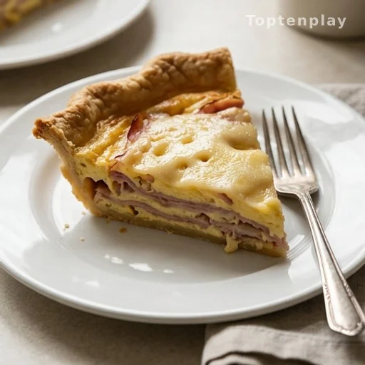Tranche de tourte salée jambon-suisse avec croûte dorée dans une assiette blanche