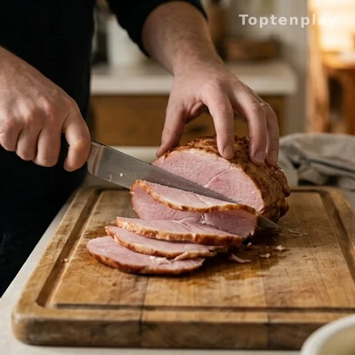 Jambon cuit découpé sur une planche en bois pour une recette de récupération