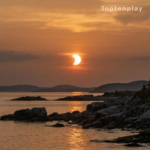 Éclipse partielle de Soleil au ras de l'horizon sur une côte rocheuse