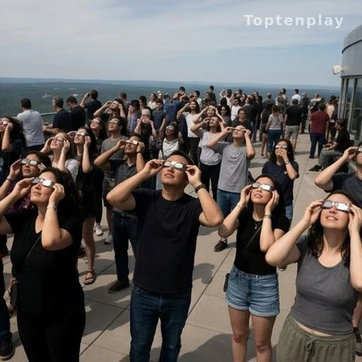 Foule anonyme portant des lunettes d'éclipse pour observer le Soleil