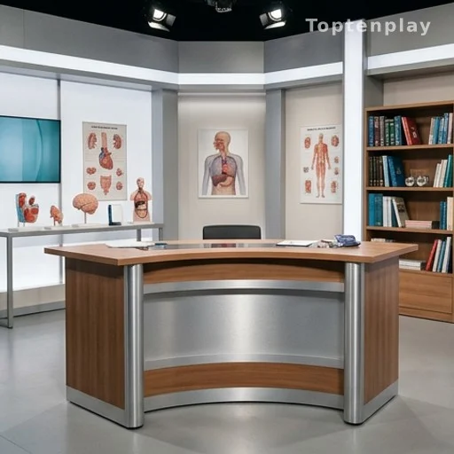 Plateau de tournage d'un magazine de santé télévisé, bureau de présentation vide