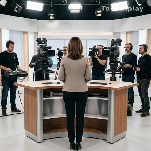 Présentatrice de dos face à une caméra dans un studio de télévision lumineux