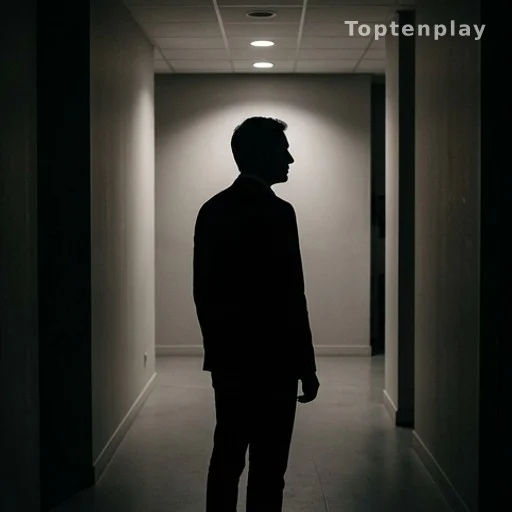 Silhouette d'un homme de dos dans un couloir de chaîne de télévision
