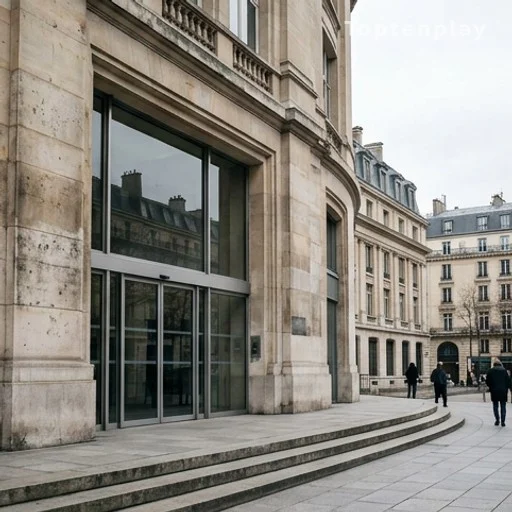 Façade d'un bâtiment de chaîne publique française, portes vitrées en journée