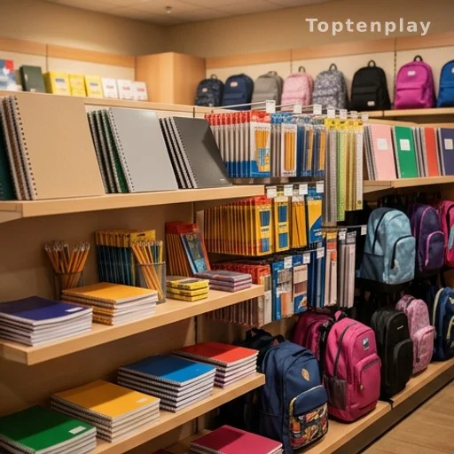 Rayons de fournitures scolaires dans un magasin, cahiers et crayons en évidence