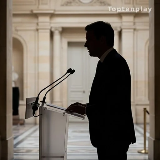 Silhouette d'un responsable politique à un pupitre officiel avec microphones