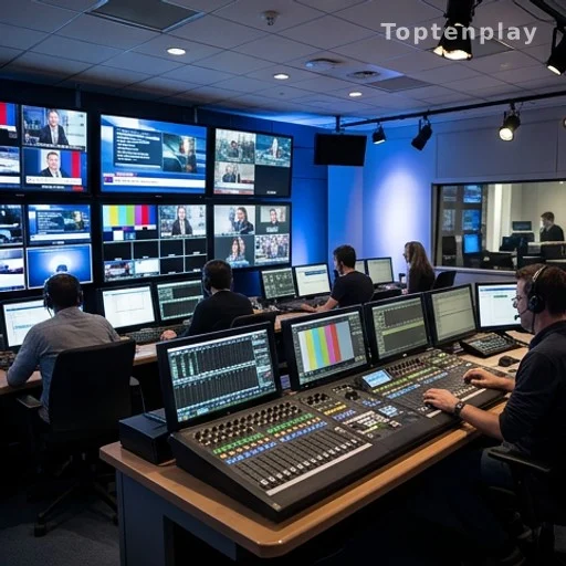 Régie d'une chaîne de télévision publique avec écrans et consoles de diffusion