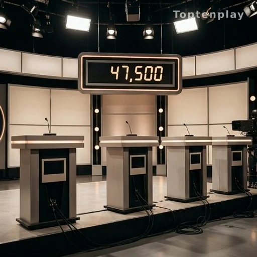 Plateau de jeu télévisé avec pupitres et tableau de scores lumineux