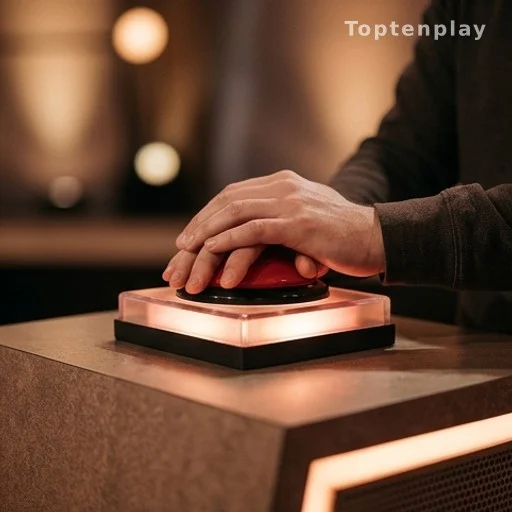 Mains d'un candidat sur un buzzer de jeu télévisé en studio