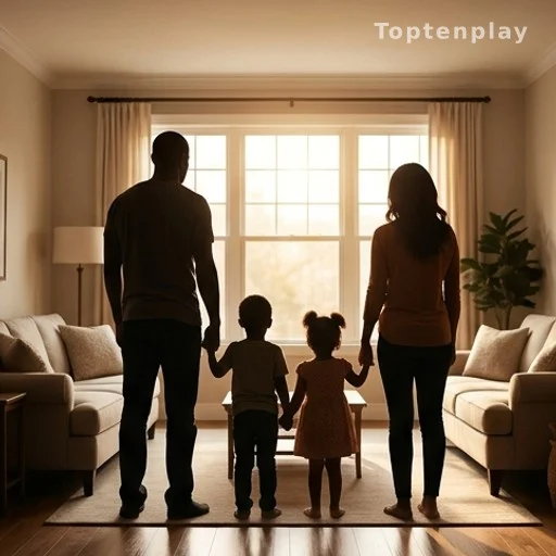 Silhouette d'une famille de quatre personnes vue de dos dans un intérieur lumineux
