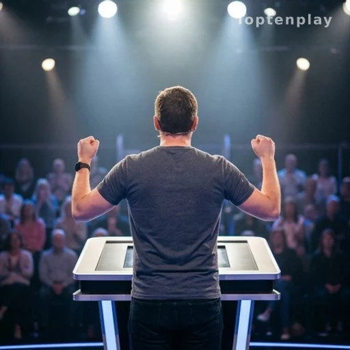 Candidat de dos sur un podium de jeu télévisé célébrant sa victoire