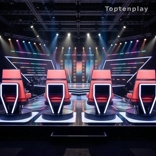 Plateau de The Voice Kids avec quatre fauteuils de coachs dos à la scène