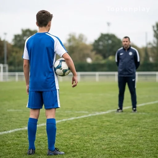 Adolescent en tenue de football de dos sur un terrain d'entraînement, spectateur en arrière-plan