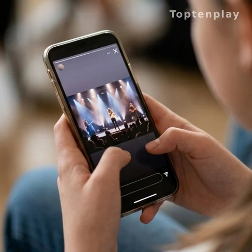 Mains tenant un smartphone affichant une story Instagram d'une performance sur scène