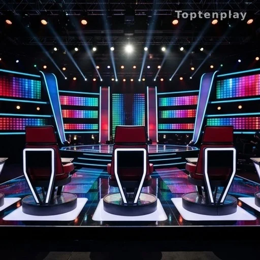 Plateau de télévision avec fauteuils de coachs et éclairages colorés de The Voice Kids