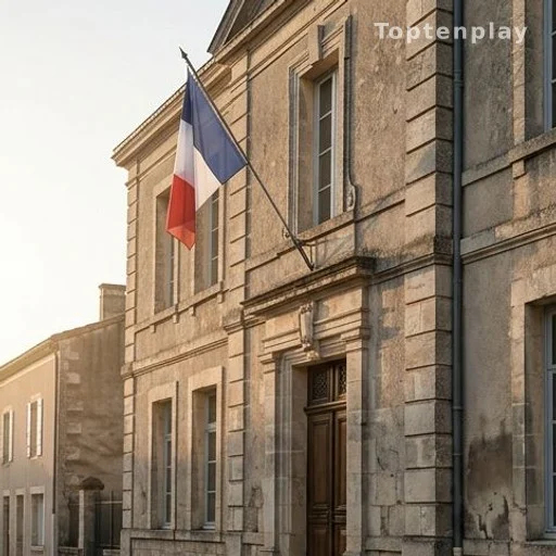 Façade d'une mairie française avec drapeau tricolore, lumière matinale