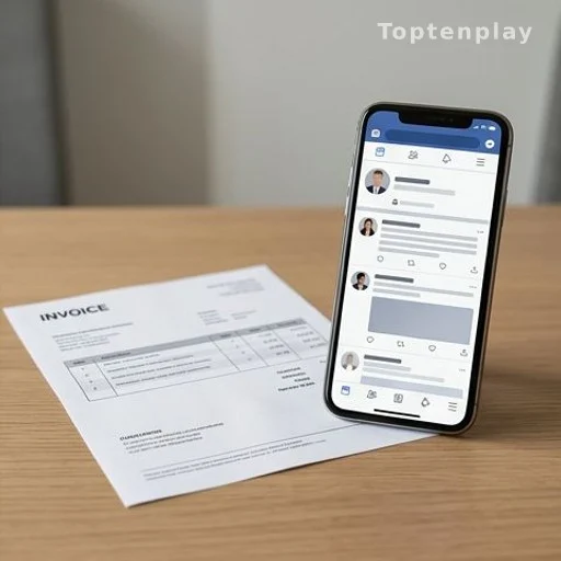 Facture symbolique posée sur un bureau à côté d'un smartphone affichant un réseau social