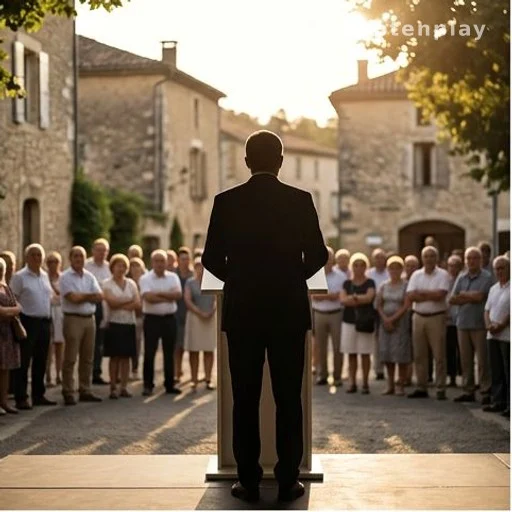 Silhouette d'un homme politique de dos face à une foule attentive sur une place de village